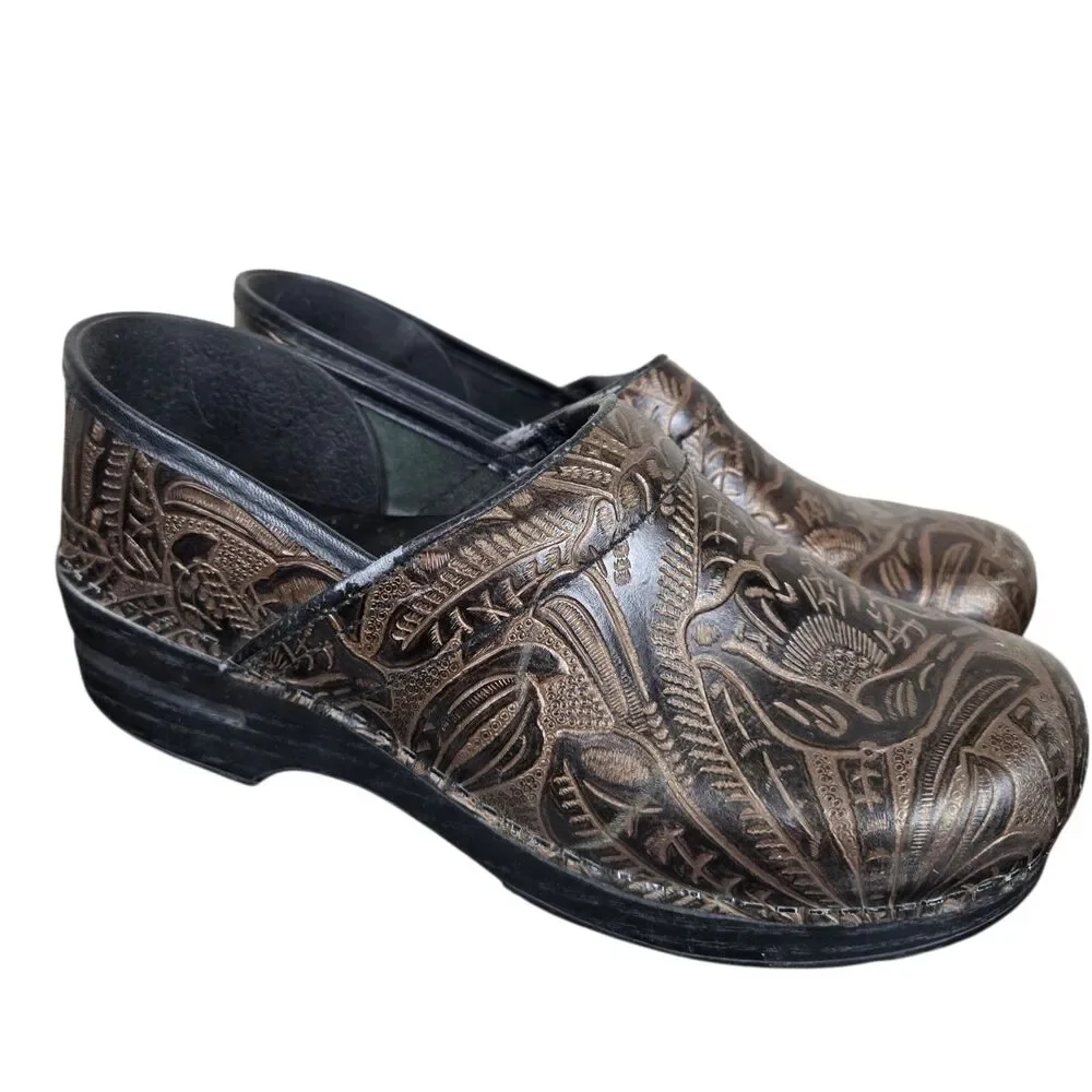 Dansko Floral Tooled Clogs Sz 41 US 10.5 - 11 Brown Leather Comfort